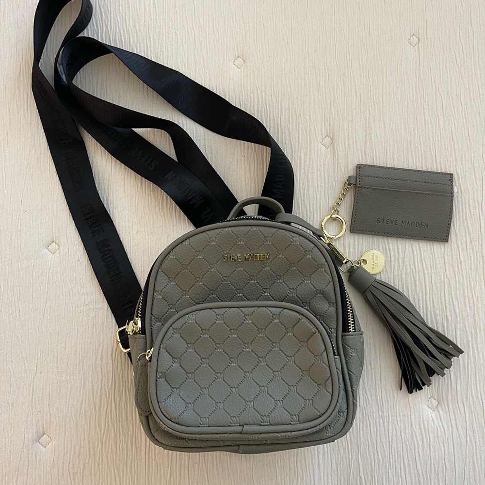 Steve Madden Olive Gray Quilted Mini Backpack with Tassel Charm